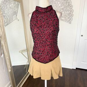 Papell 100% Burgundy Silk Ethereal Whimsygoth Floral Beaded Halter Top L